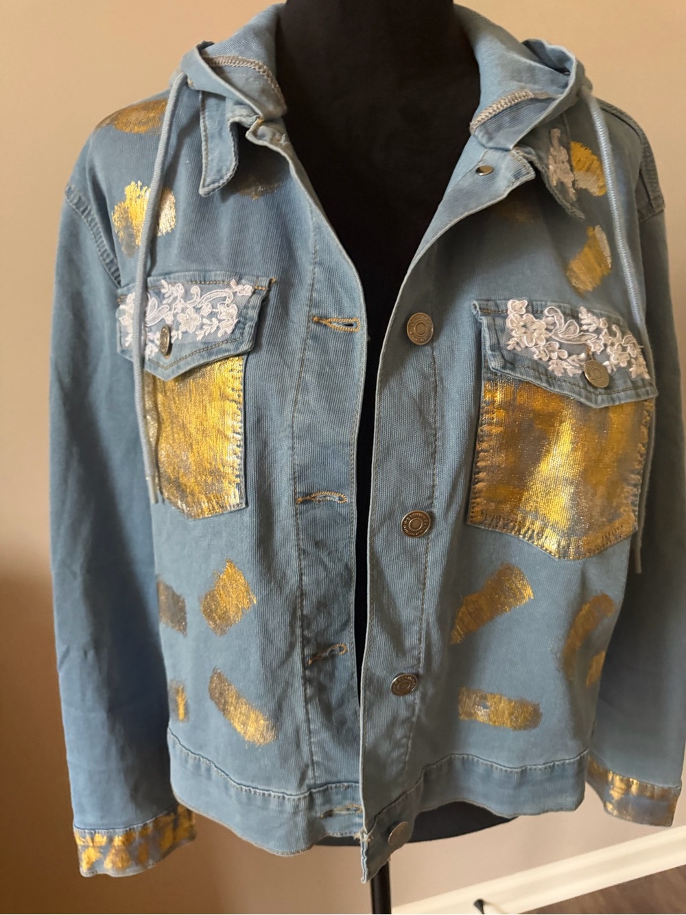 NAIIF Custom Light Blue Denim Lightweight Jacket w/Gold Accents and Hood MED